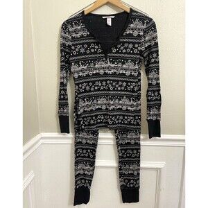 Victoria’s Secret Thermal Pajama Set Black White XS Snowflakes Holiday Christmas